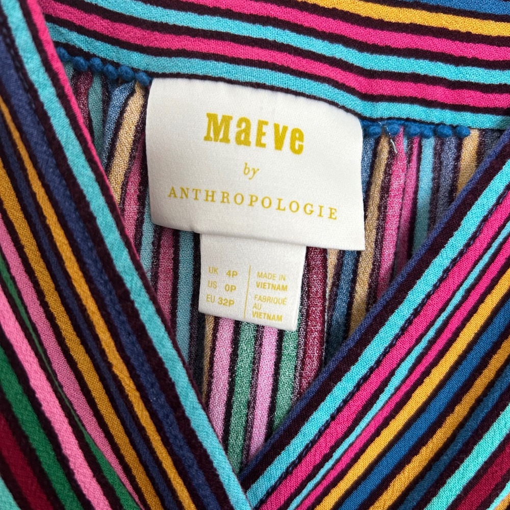 Maeve Anthropologie Striped Wrap Blouse Multicolor 0P Petite Smocked Tie Back - Picture 2 of 7